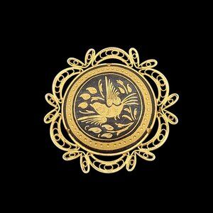 Vintage Damascene Brooch Filigree Edging Floral Bird Inlay Black Background
